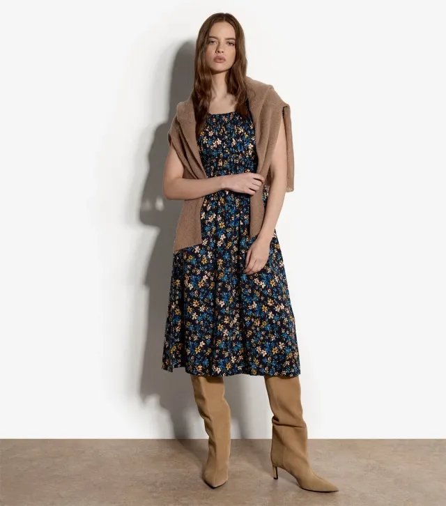Blue Ditsy Print Midi Dress