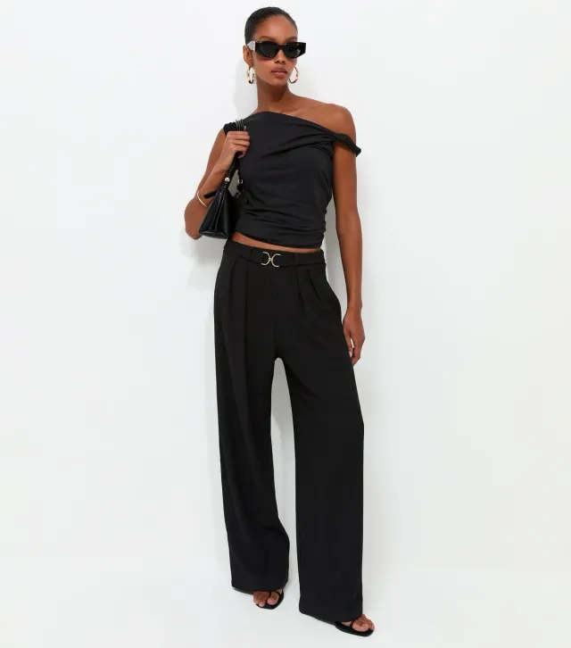 Black Belt Detail Ribbed Crinkle Texture Wide Leg Trousers