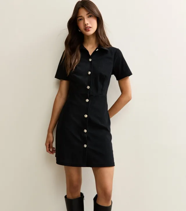 Black Button Through Corduroy Mini Dress