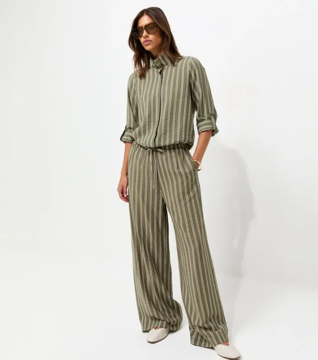 Green Striped Drawstring Wide Leg Trousers