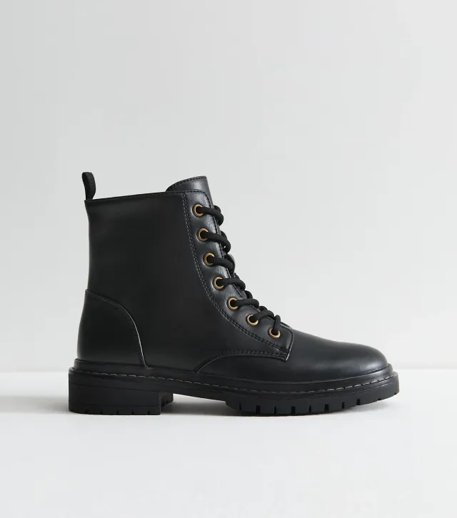 Black Faux Leather Stitch Trim Lace Up Ankle Boots Vegan