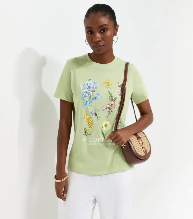 Light Green Cotton Wildflower Crew Neck T-Shirt