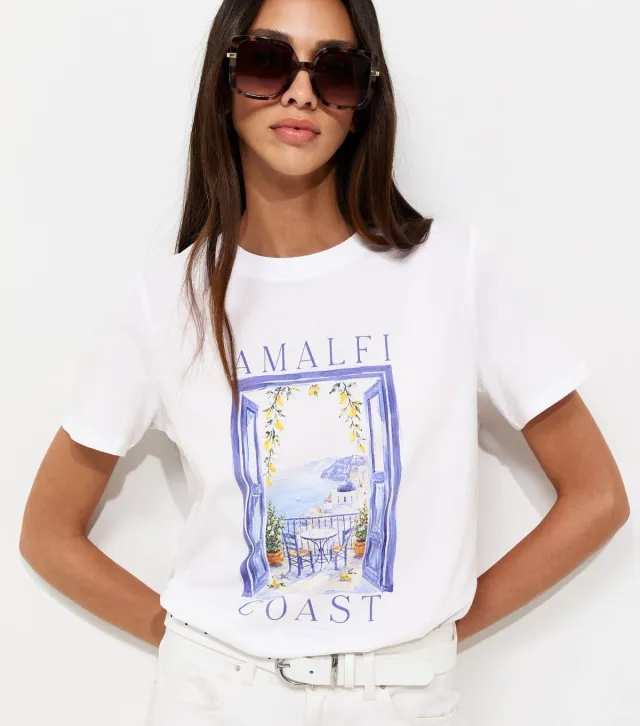 White Cotton Amalfi Coast Print Relaxed Fit T-Shirt