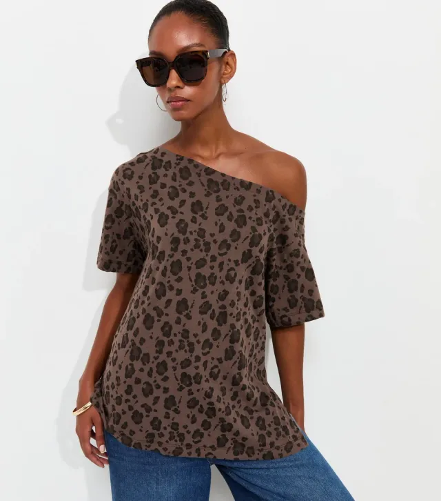 Brown Cotton Leopard Print Off The Shoulder T-Shirt