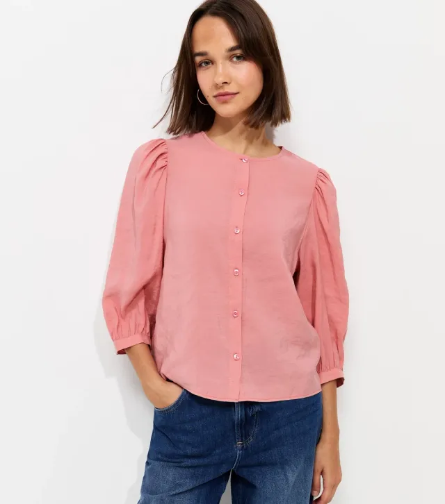 Pink Cropped Balloon Sleeve Button Blouse