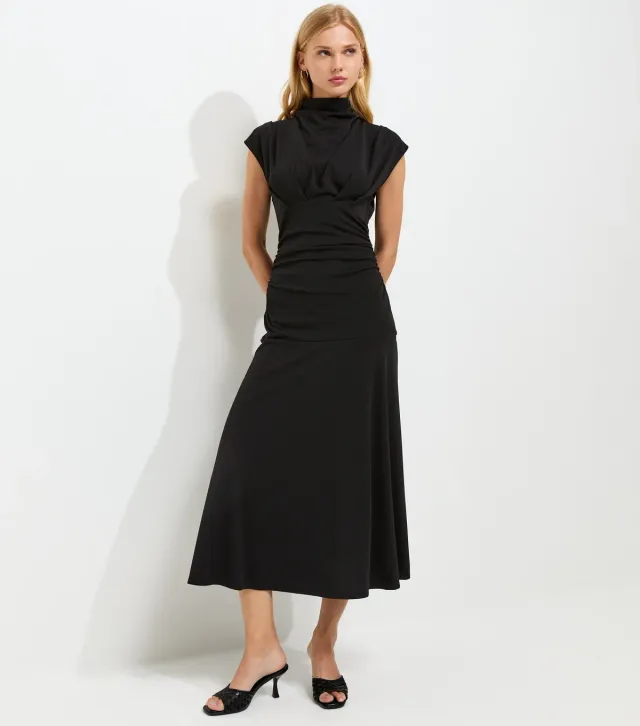 Black High Neck Ruched Waist Midi Dress