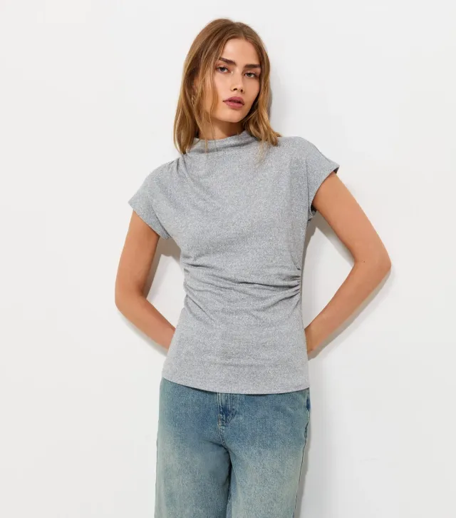 Light Grey Soft Touch Draped High Neck T-Shirt