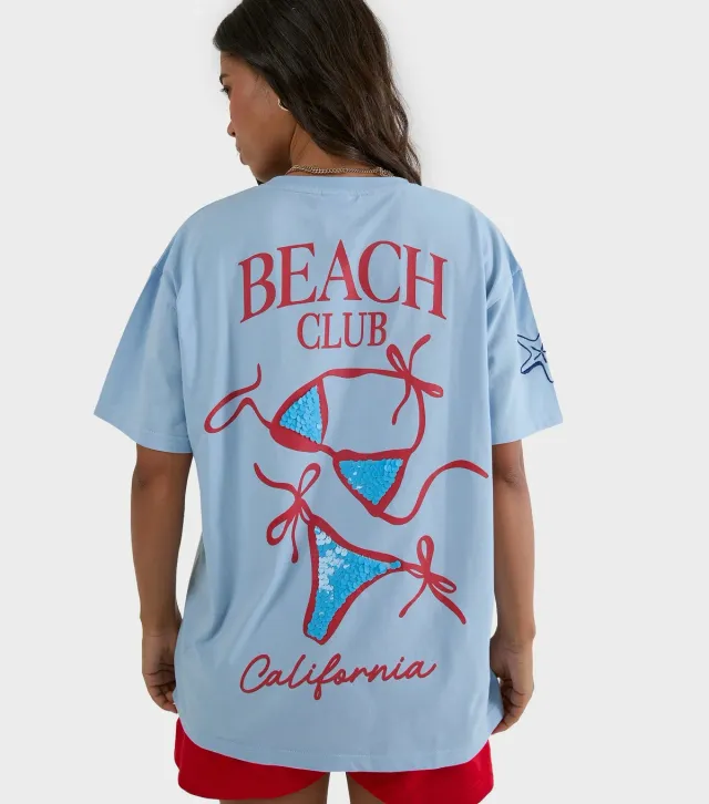 Light Blue Cotton Beach Club Oversized T-Shirt