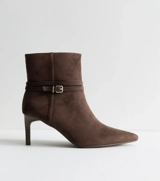 Brown Faux Suede Buckle Strap Stiletto Heel Ankle Boots Vegan