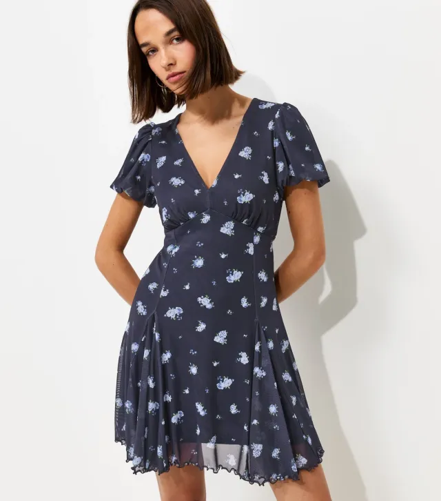 Blue Ditsy Print V Neck Mesh Mini Dress