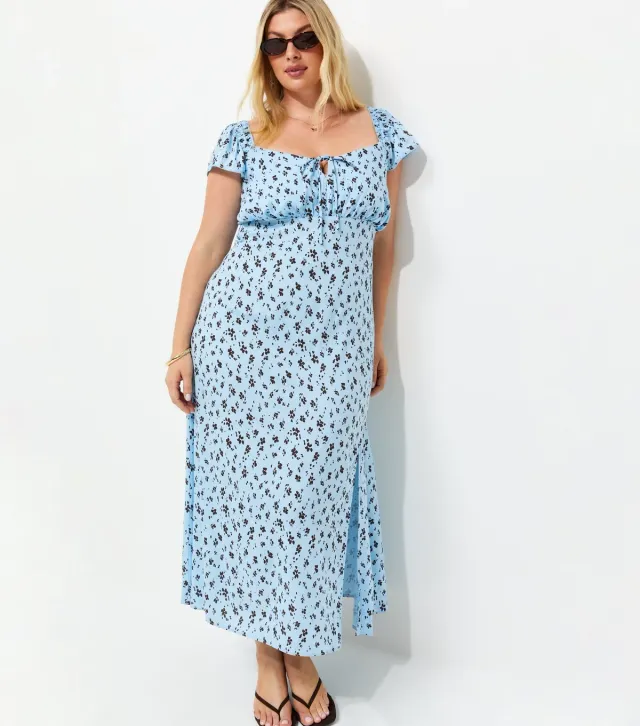 Plus Size Blue Ditsy Print Square Neck Midi Dress Curves