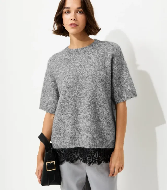 Grey Brushed Knit Lace Hem T-Shirt