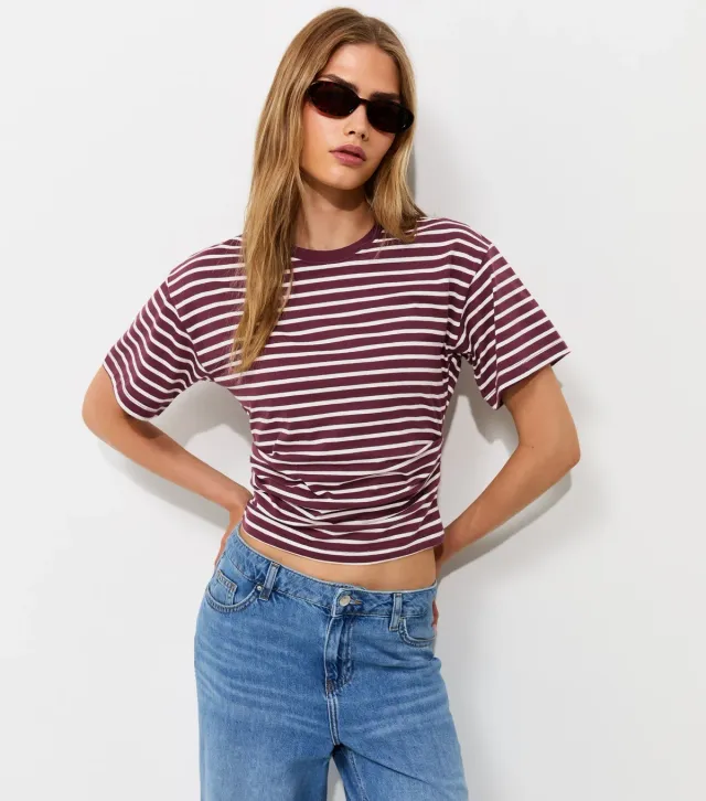 Red Striped Ruched Waist Crew Neck T-Shirt