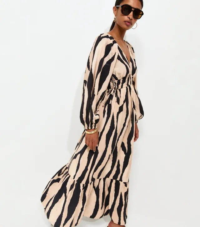 Brown Abstract Print V-Neck Smock Midi Dress