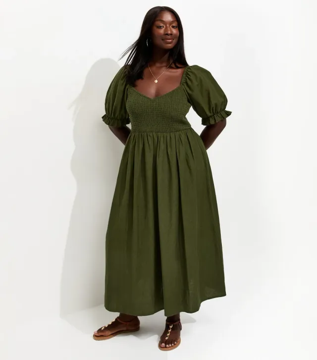 Plus Size Dark Khaki Cotton Blend Shirred Bodice Puff Sleeve Midi Dress Curves