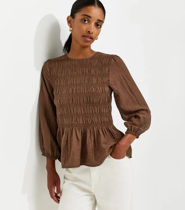 Dark Brown Shirred Long Sleeve Blouse