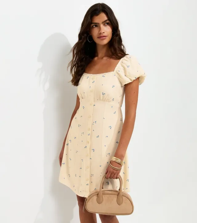 White Ditsy Print Button Detail Mini Dress