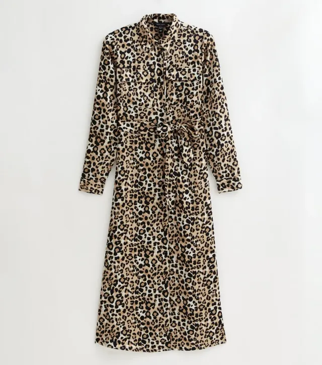 Brown Leopard Print Satin Midi Shirt Dress