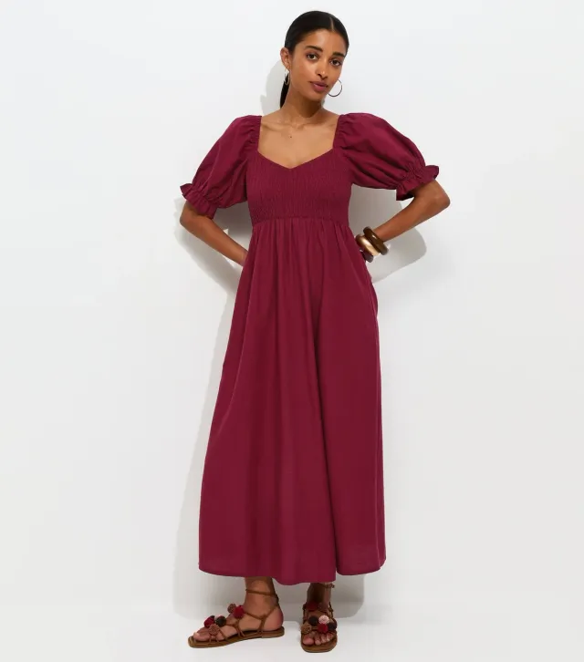 Dark Burgundy Shirred Bodice Puff Sleeve Midi Dress