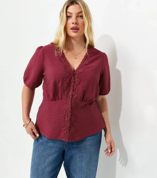 Plus Size Dark Burgundy Crinkle Texture Lace Trim Button Tea Blouse Curves