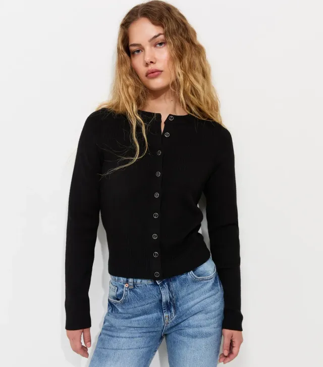 Black Compact Knit Crew Neck Cardigan