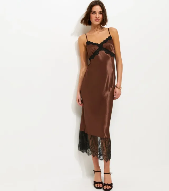 Dark Brown Satin Lace Trim Midi Dress