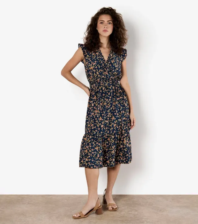 Navy Flora Print Wrap Dress
