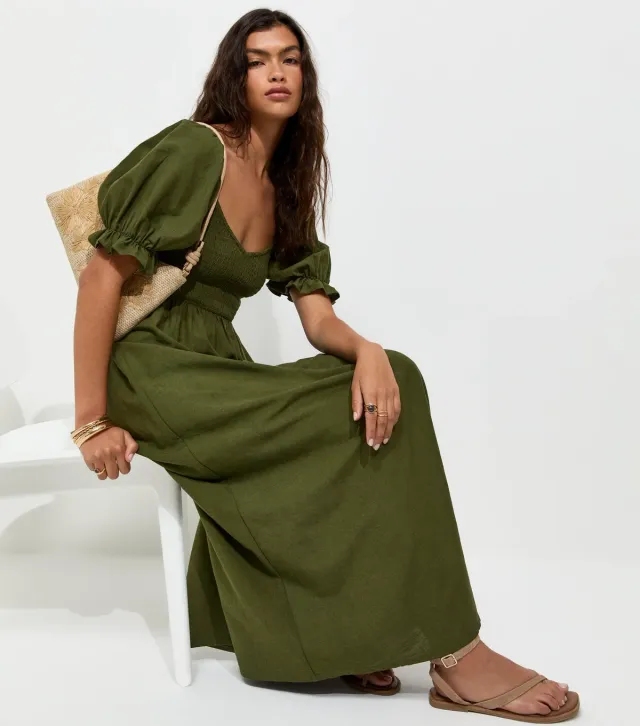 Dark Khaki Shirred Bodice Puff Sleeve Midi Dress