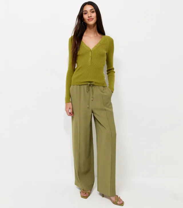 Light Khaki Drawstring Front Crease Wide Leg Trousers