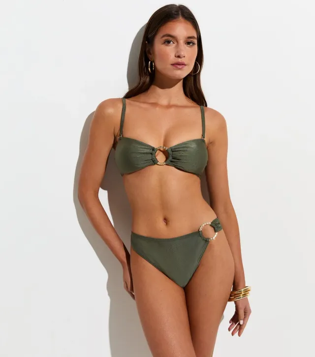 Dark Green Hammered Golden Ring Bandeau Bikini Top