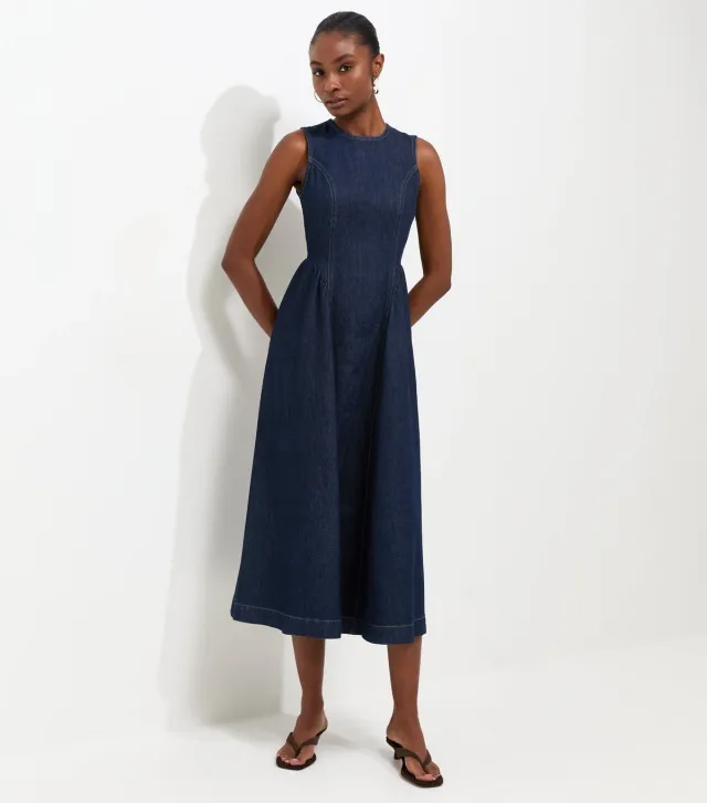 Navy Cotton Sleeveless Denim Midi Dress