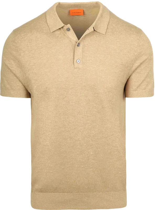 Suitable Knitted Polo Shirt Cotton Linen Beige maat L