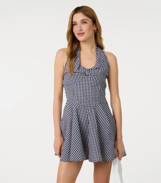 Cotton Black Gingham Halter Mini Dress