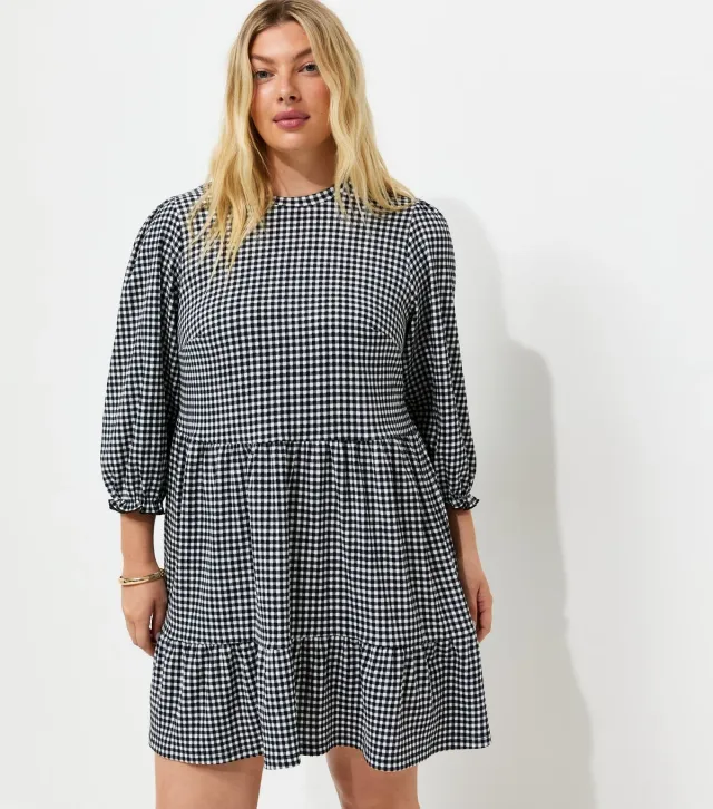 Plus Size Black Gingham Print Cropped Sleeve Mini Smock Dress Curves
