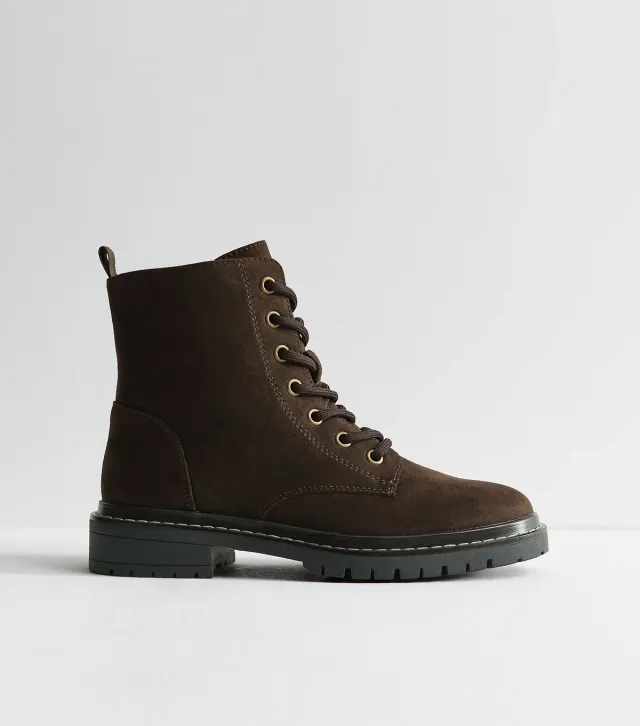 Dark Brown Faux Suede Stitch Trim Faux Lace Up Ankle Boots Vegan