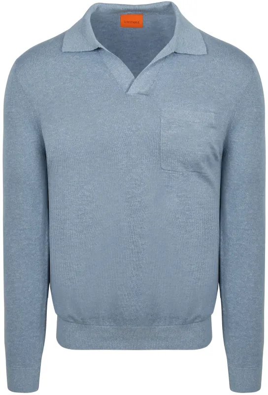 Suitable Longsleeve Knitted Polo Shirt Riva Pocket Light Light blue Blue maat L