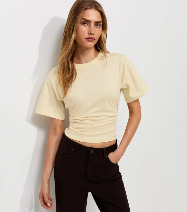 Yellow Ruched Waist Crew Neck T-Shirt
