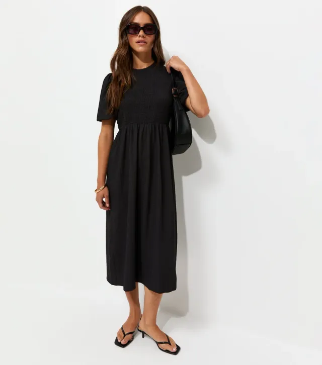 Petite Black Woven Texture Shirred Bodice Midi Dress