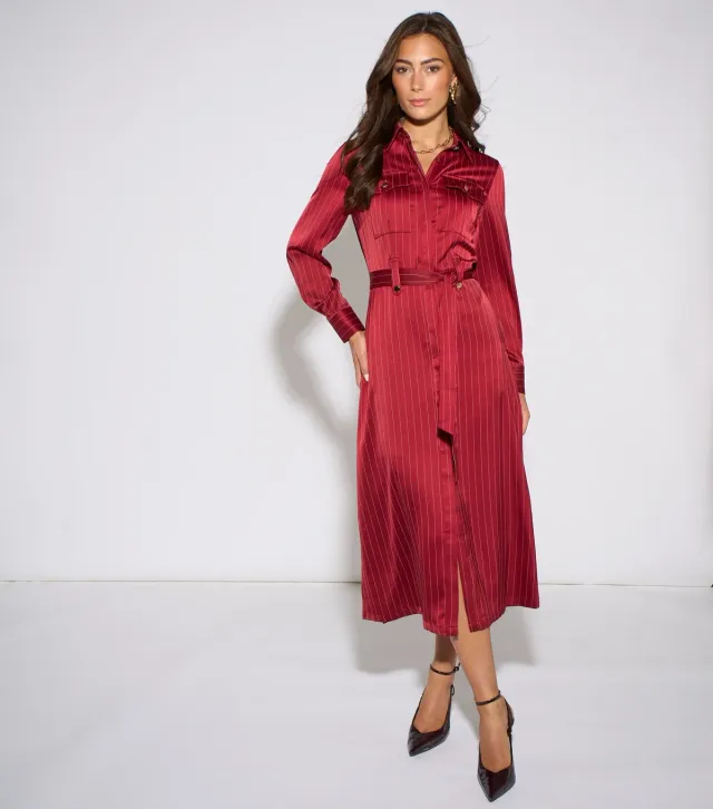 Dark Red Satin Utility Belted Shirt Dress