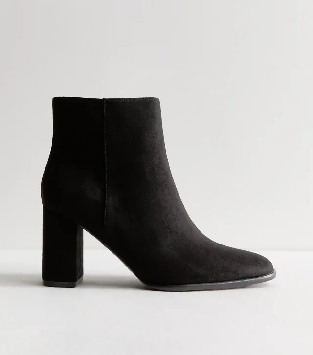 Black Faux Suede Almond Toe Block Heel Ankle Boots Vegan