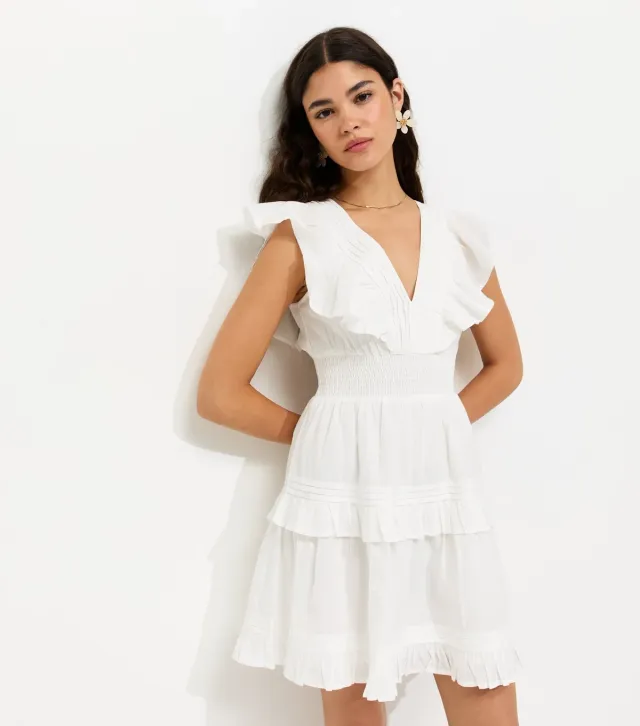 White Cotton Ruffle V-Neck Tiered Mini Dress