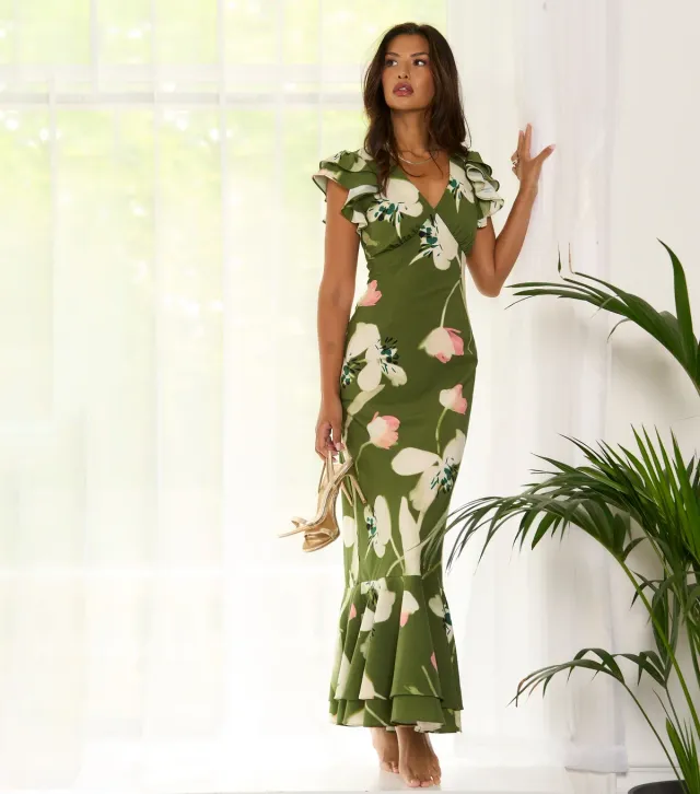 Green Floral Print Maxi Dress