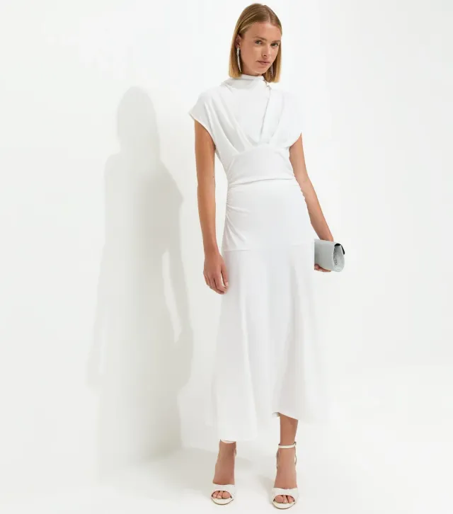 Cream High Neck Ruched Waist Midi Dress