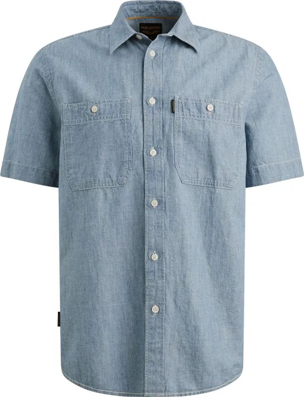 PME Legend Short Sleeve Shirt Coton Linnen Chambray Indigo Blue maat 3XL