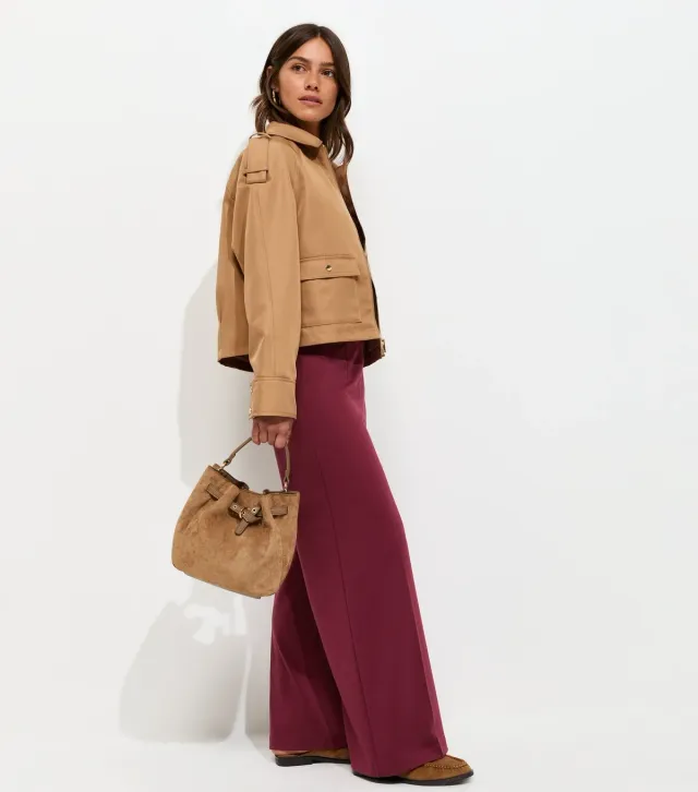 Petite Dark Burgundy Jersey Wide Leg Trousers