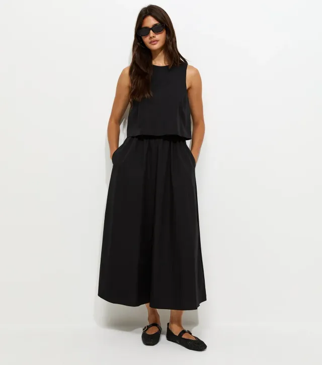 Black Cotton Layered 2-in-1 Sleeveless Midi Dress