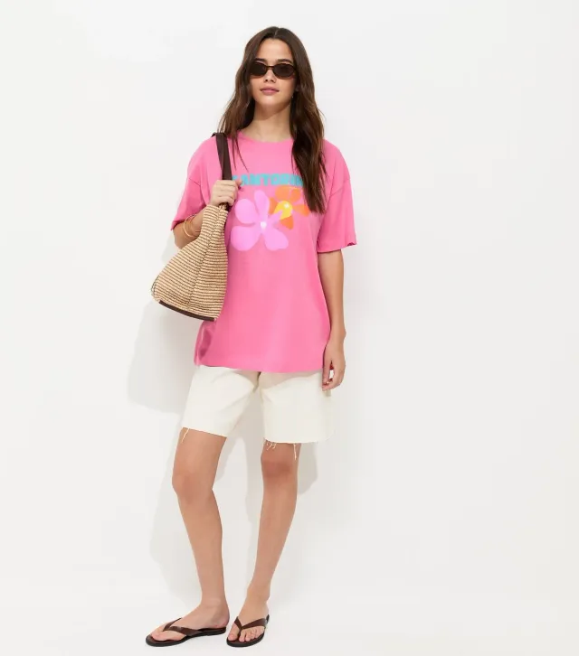 Pink Cotton Santorini Print Oversized T-Shirt