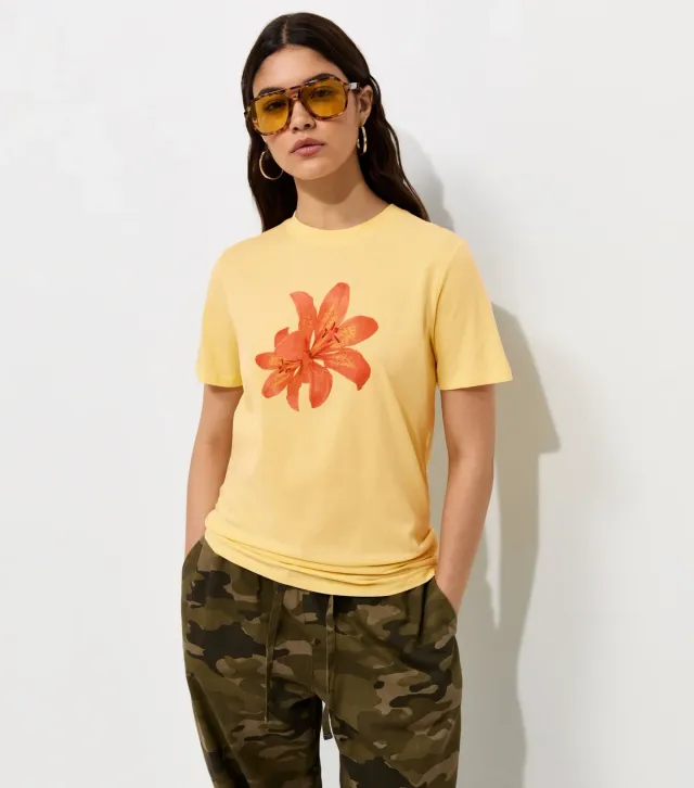 Light Yellow Cotton Tiger Lily Print Relaxed T-Shirt