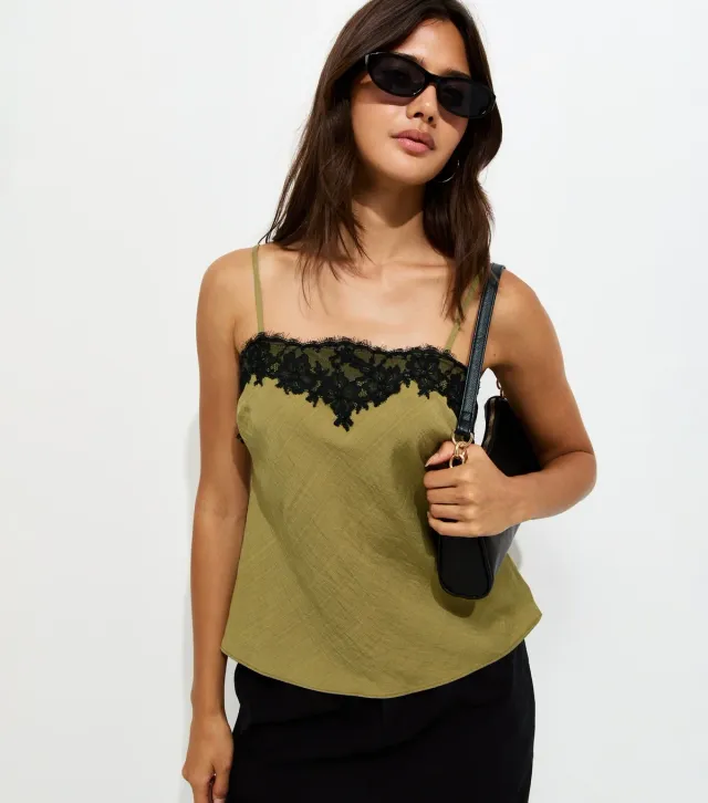 Dark Khaki Woven Lace Trim Cami Top