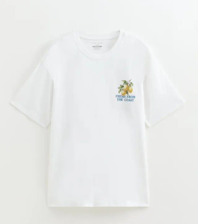 White Cotton Regular Fit Fresh From The Coast Graphic Print T-Shirt